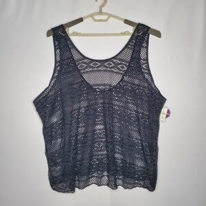 Cacique Crochet Lace Tank Top Women 22 Black Sheer Beachy Swim Festival Goth